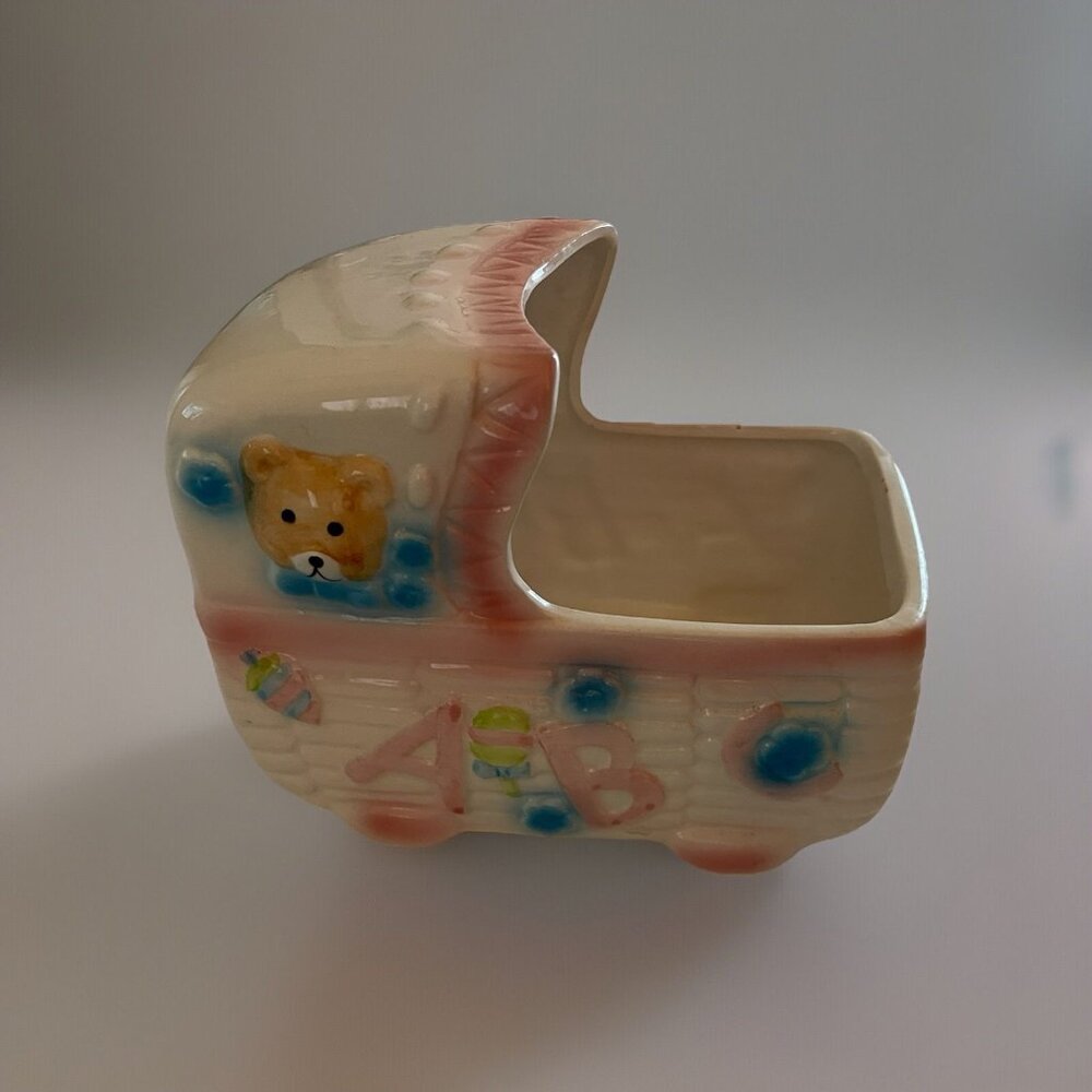 Vintage Planter Baby Bassinet Ceramic Nursery ABC Bear Pink Blue White Crib Bed
